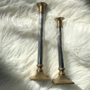 Vintage Square Base Brass Silver tone Candle Sticks 2pc set